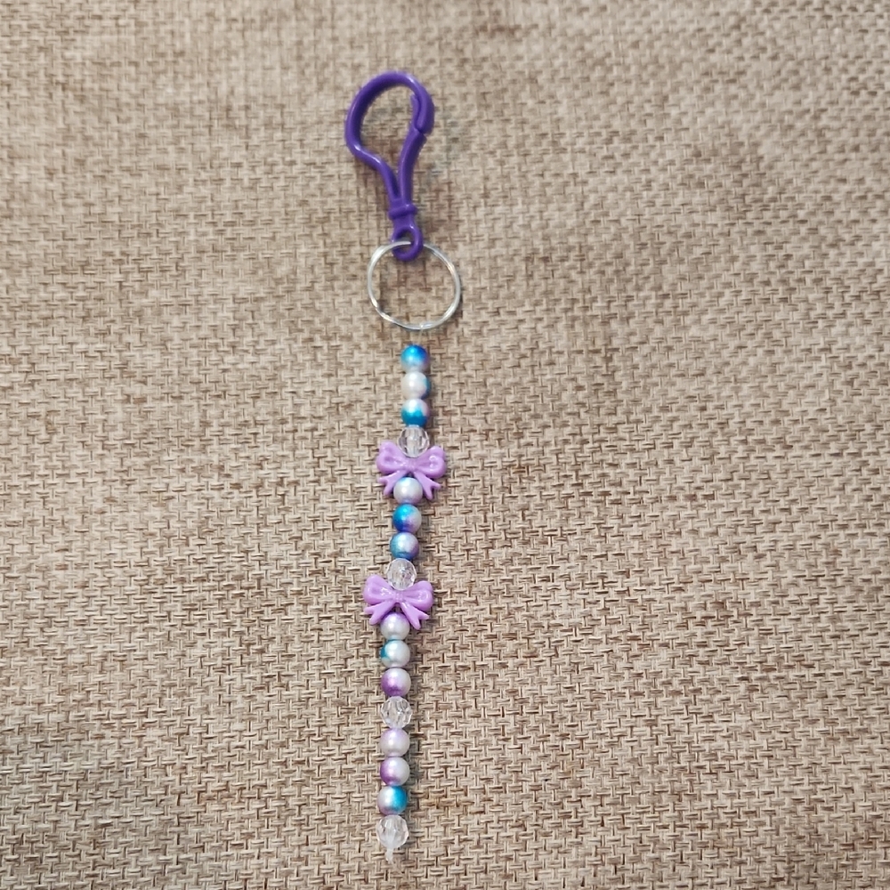 Purple and Blue Beaded Keychain with Bows